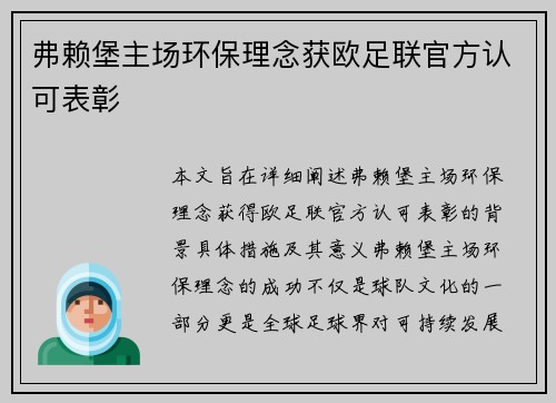 弗赖堡主场环保理念获欧足联官方认可表彰